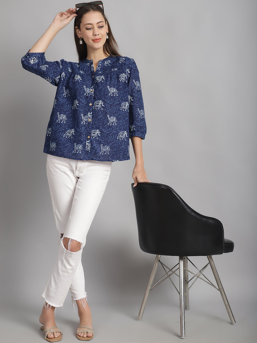 Navy Blue Floral Printed Floral Pure Cotton Top