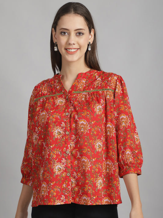 Red Floral Printed Floral Pure Cotton Top