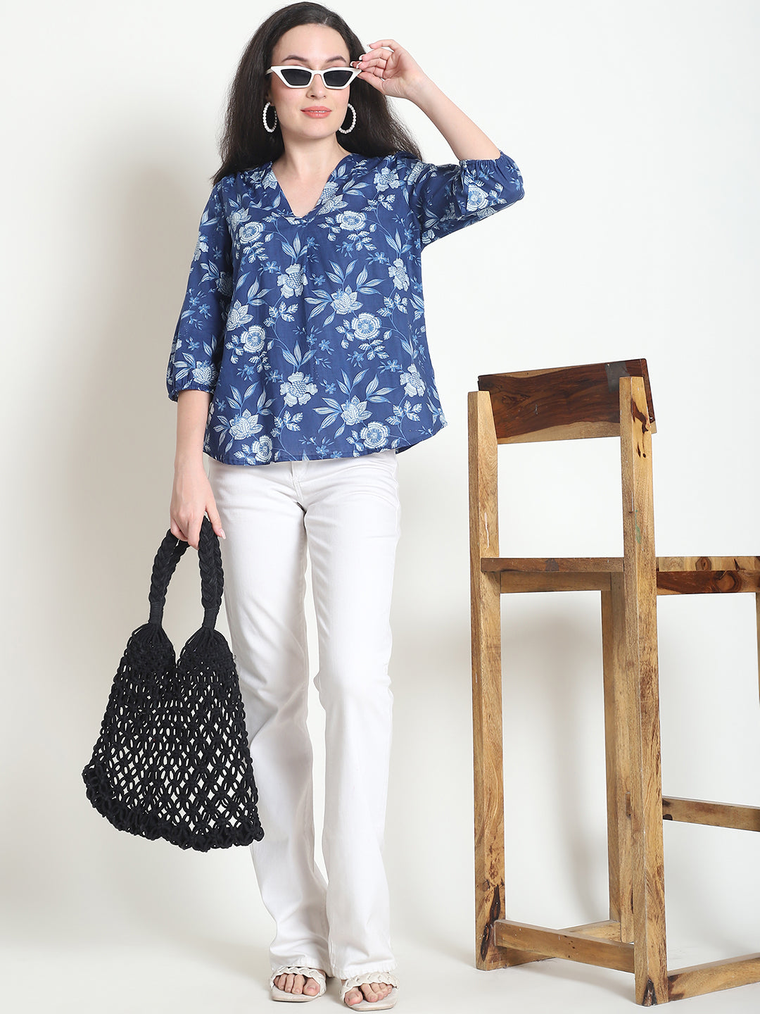 Navy Blue Floral Pure Cotton Top