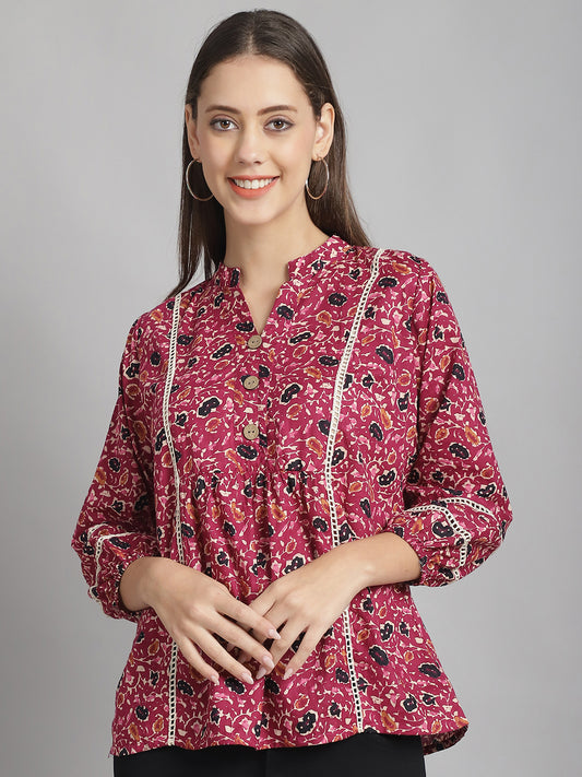 Burgundy Floral Printed Floral Pure Cotton Top