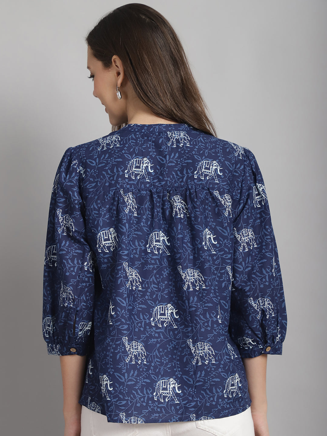 Navy Blue Floral Printed Floral Pure Cotton Top