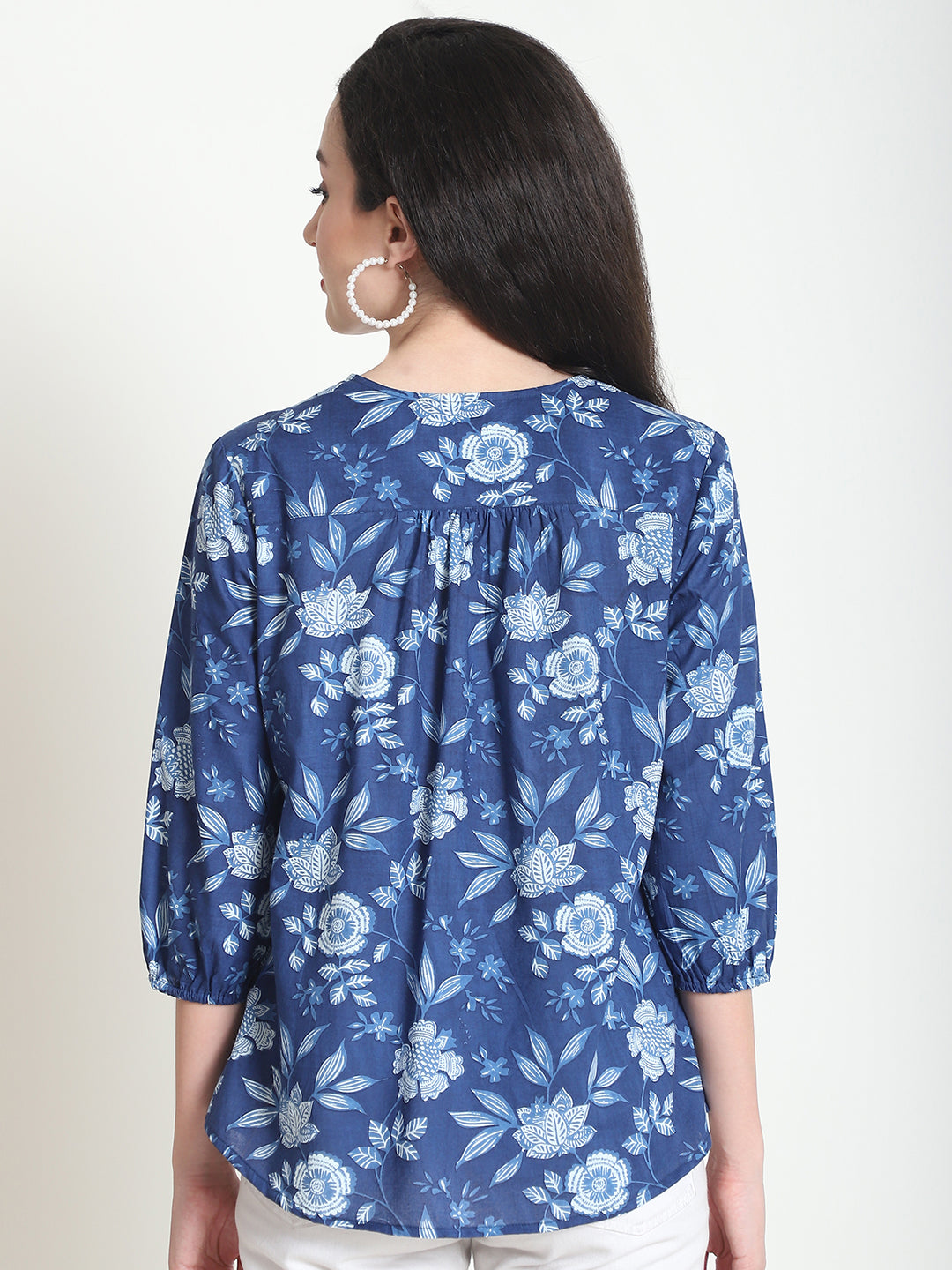 Navy Blue Floral Pure Cotton Top