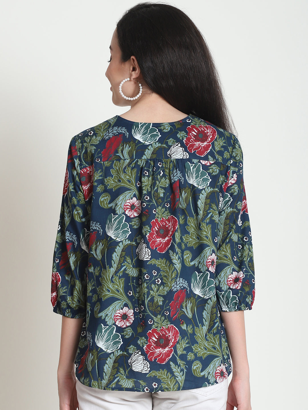 Navy Blue Floral Pure Cotton Top