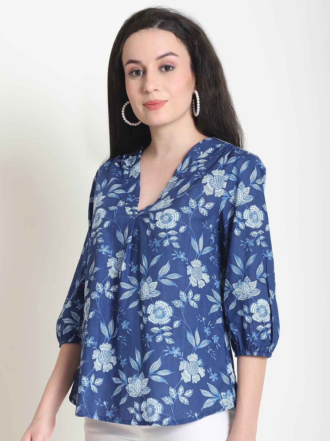 Navy Blue Floral Pure Cotton Top