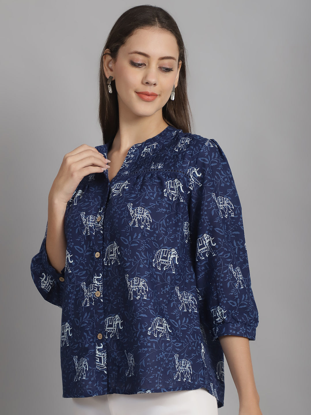 Navy Blue Floral Printed Floral Pure Cotton Top