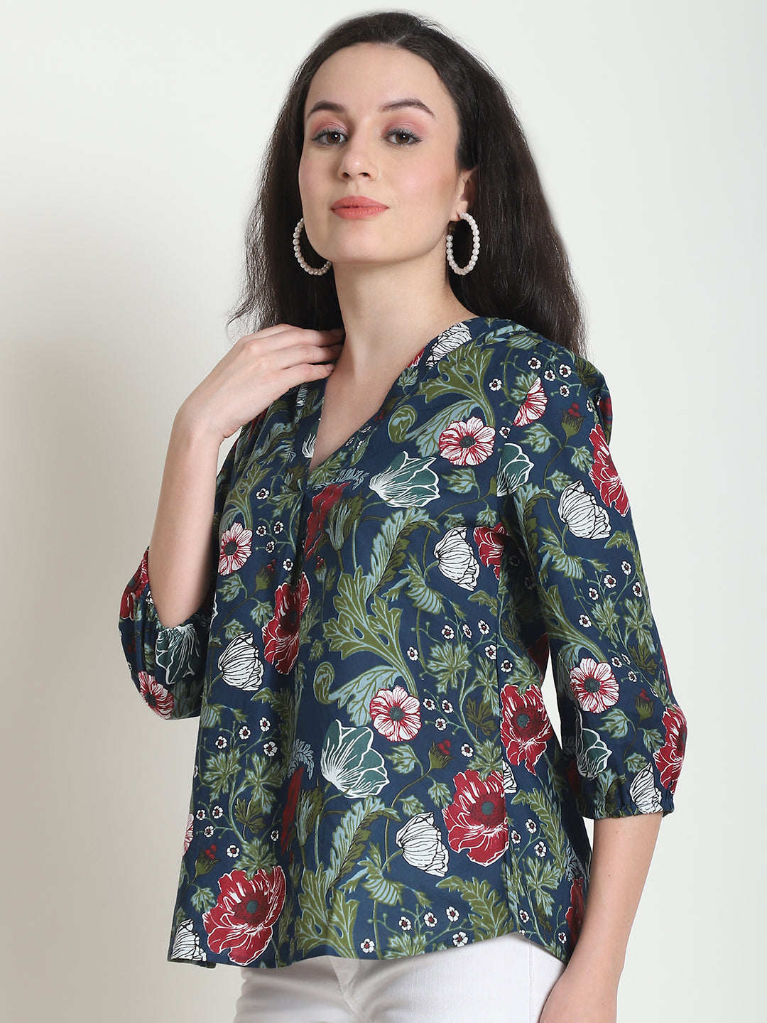 Navy Blue Floral Pure Cotton Top