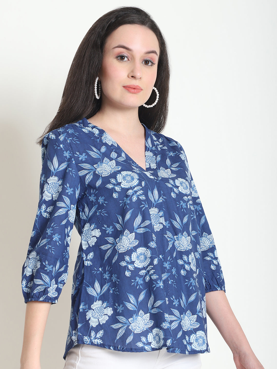 Navy Blue Floral Pure Cotton Top