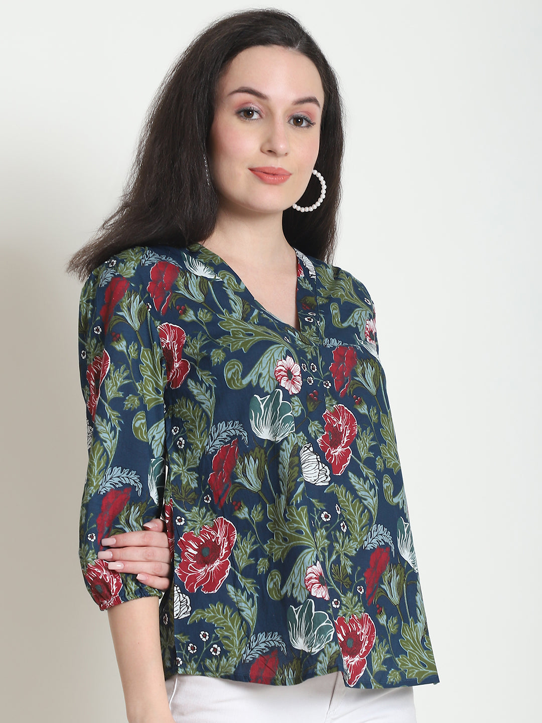 Navy Blue Floral Pure Cotton Top