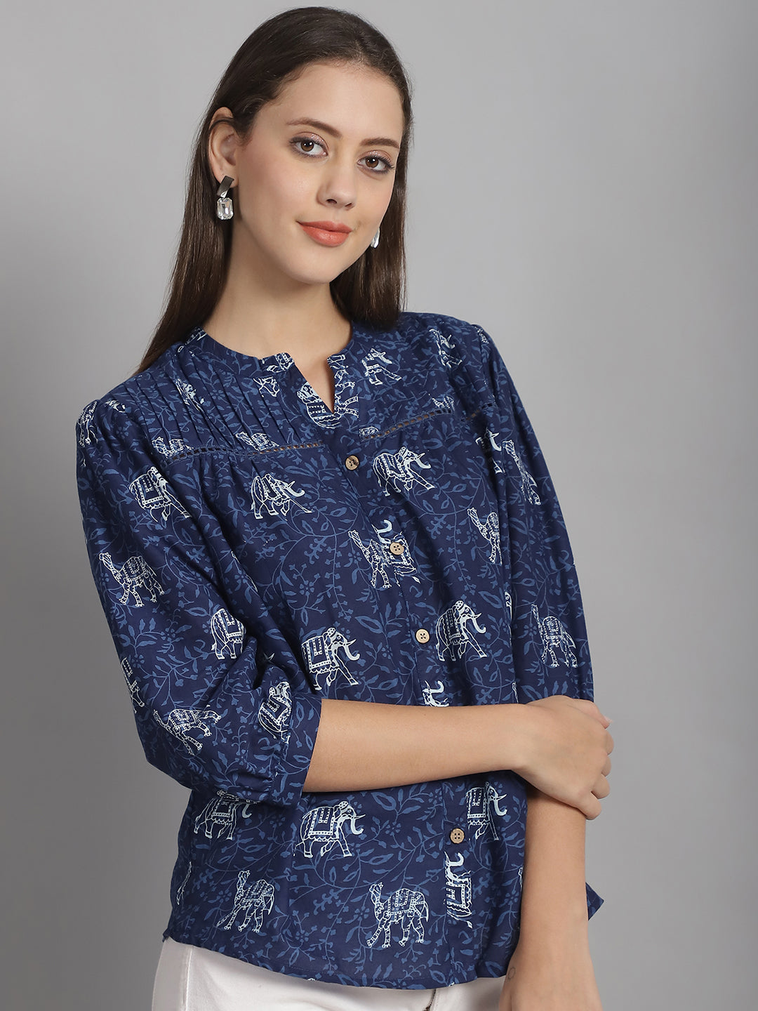 Navy Blue Floral Printed Floral Pure Cotton Top