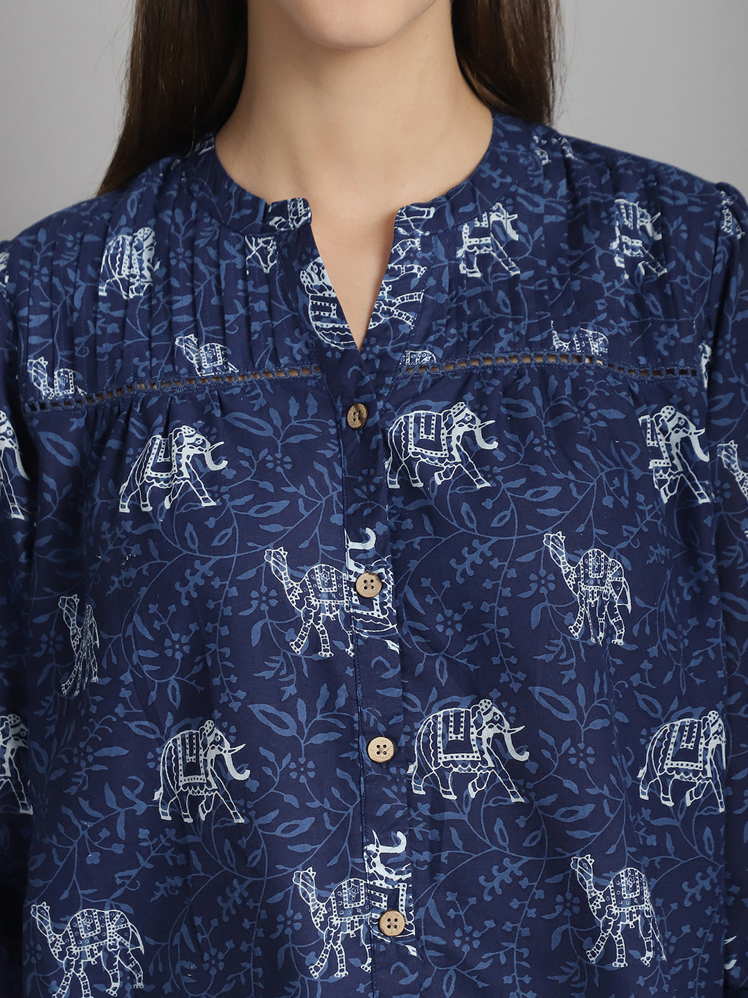 Navy Blue Floral Printed Floral Pure Cotton Top